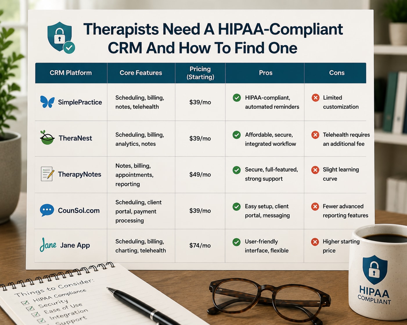 CRM for Therapists Comparison Table